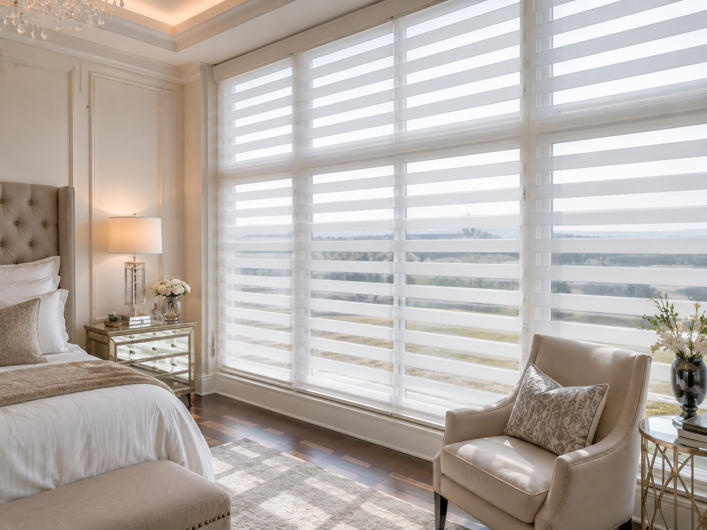 Luxury bedroom with white zebra shades by SOL BLINDS