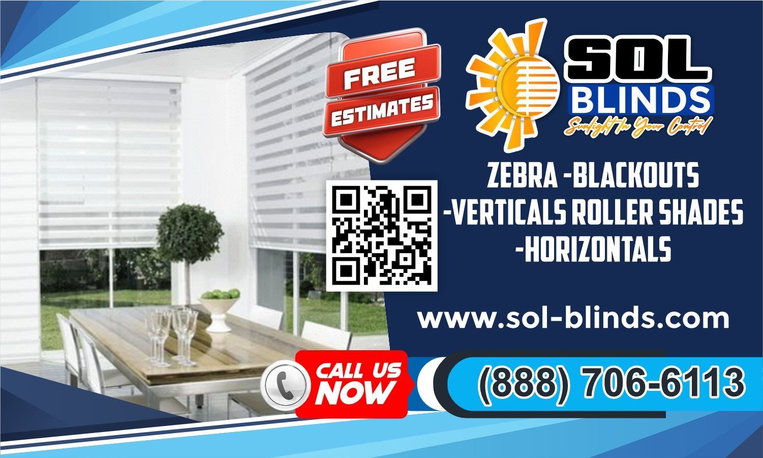 SOL BLINDS postcard with services and contact numbers